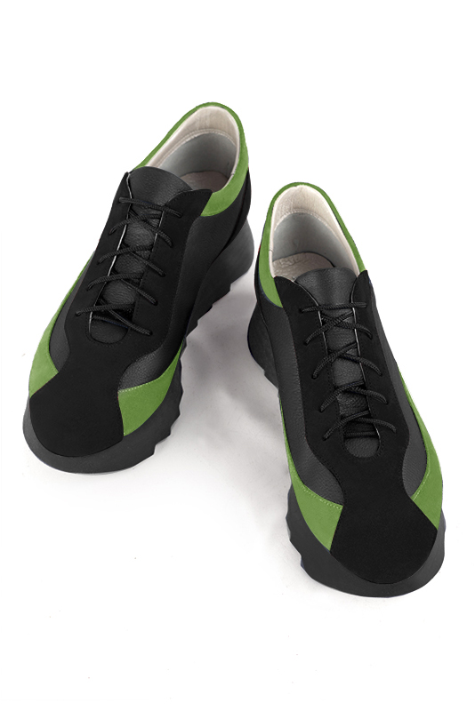 Matt black and grass green women's elegant sneakers. Round toe. Low rubber soles. Top view - Florence KOOIJMAN
